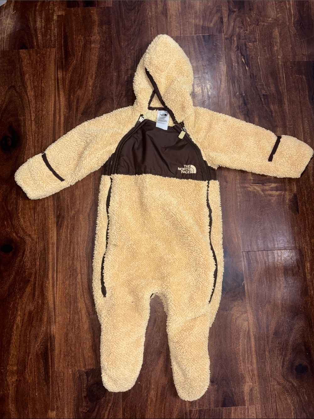 The North Face Kids Tan Brown Sherpa One Piece Bunting Jacket Hooded Foot 6-12mo